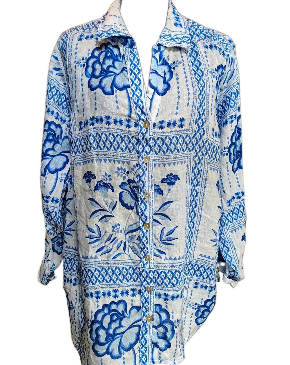 Halston Blue & White Floral 100% Linen Button-Down Shirt
